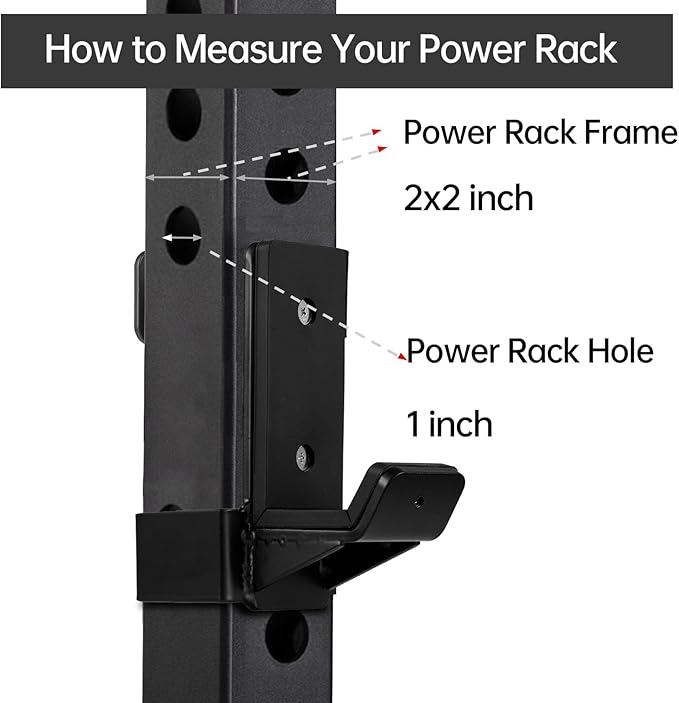 J Hooks for 2" x 2" Power Rack, Rubber Pad J-Hook for Power Cage, Bottom Reinforced Steel J Cups for Squat Rack, Heavy Duty Barbell Holder, Black