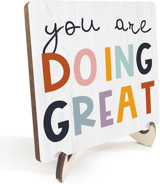 Decorative Desk Decor Motivational You Are Doing Great Affirmations Nursery Decor Plaque with Wooden Stand Inspirational Wood Sign for Office Homeschool Classroom Reading Corner Table Bookshelf