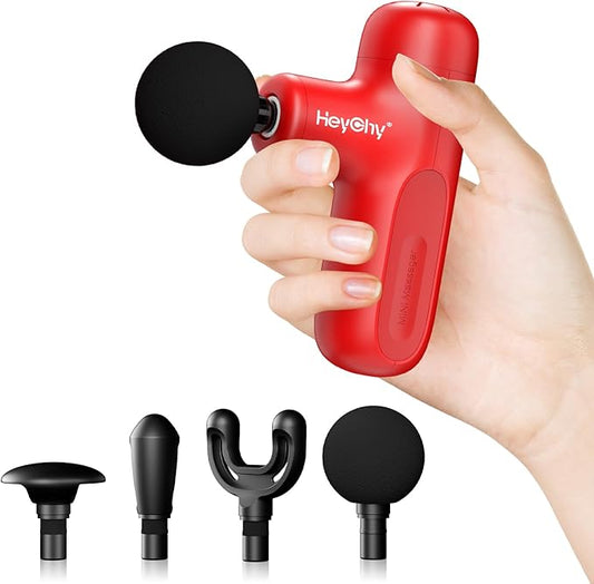 Super Mini Massage Gun Deep Tissue, Handheld Muscle Massager with 4 Heads, Percussion Travel Size Massage Gun for Back, Neck, Body Pain Relief, Quiet for Home, Gym, Office, Gift for Men & Women, Red