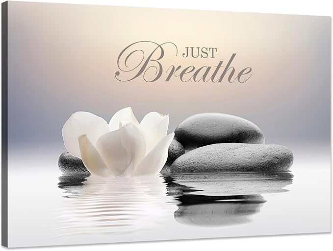 Zen Stone Canvas Wall Art Just Breathe Yoga Quotes Poster for Spa Decor White Lotus Flower Pictures Prints for Bathroom Modern Spiritual Artwork Framed (20 x 30inches)