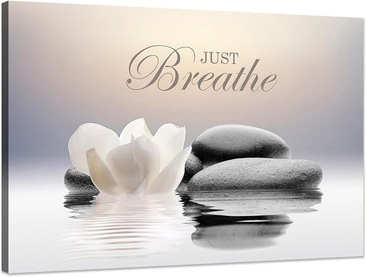 Zen Stone Canvas Wall Art Just Breathe Yoga Quotes Poster for Spa Decor White Lotus Flower Pictures Prints for Bathroom Modern Spiritual Artwork Framed (20 x 30inches)
