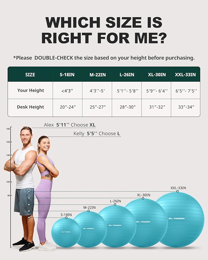 Trideer Exercise Ball for Yoga, Pilates & Fitness – Stability Ball Equipment for Home Gym & Office Chair, Core & Balance Training Accessories, Physical Therapy Equipment, Quick Pump Included, 5 Sizes