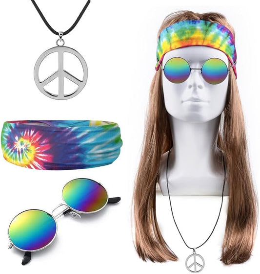 MOVINPE Hippie Accessories for Men - Hippie Wig Sunglasses Peace Sign Necklace Tie Dye Headbands, Halloween Costume 70s Disco Style 60s Outfit Fancy Dress Retro Night