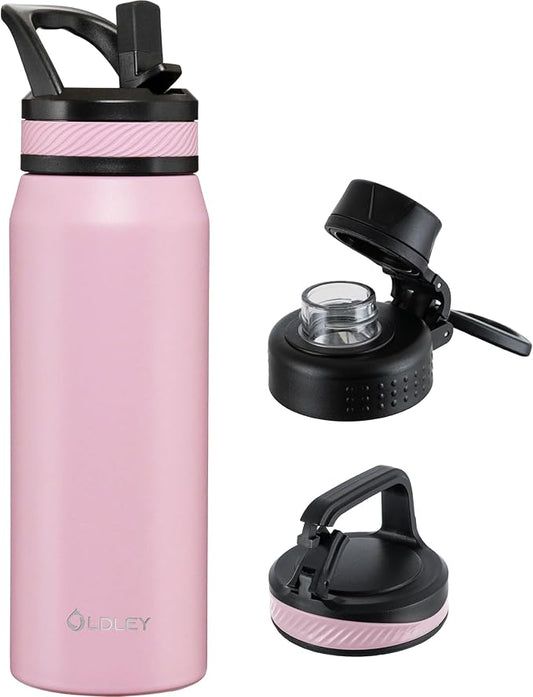 OLDLEY 24 oz Insulated Water Bottle With Straw, Stainless Steel Sports Water Cup Flask with 3 Lids(Straw, Spout and Handle Lid) Double Walled Travel Thermal Canteen Mug,Lavender Mist