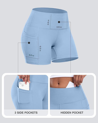 CHRLEISURE Womens Biker Yoga Shorts with Pockets: High Waisted Tummy Control Spandex Workout Athletic Gym Shorts 4 Packs