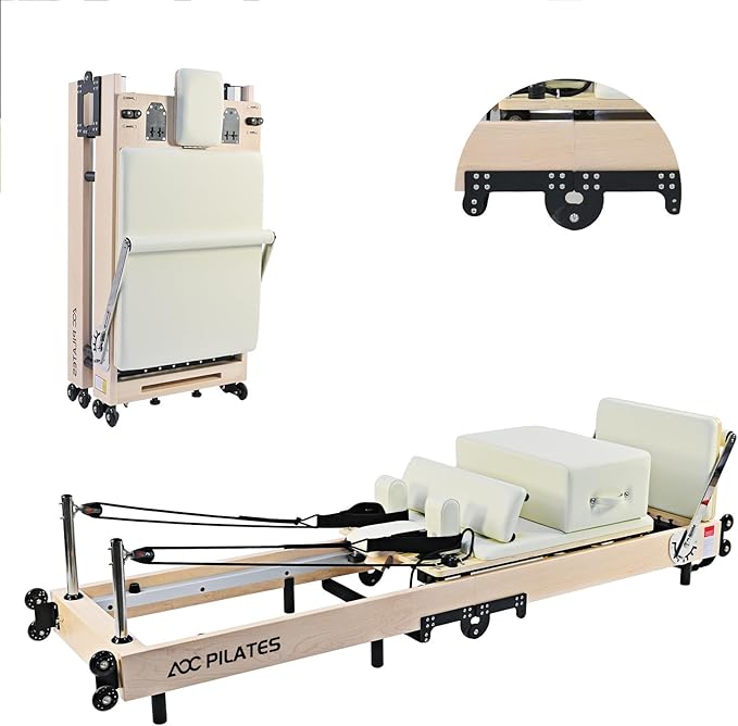 Pilates Reformer, Maple Wooden Foldable Pilates Reformer Machine with 6 Springs,Sitting Box, Padded Jump Board, 660lbs Capacity for Home Workouts Studio Yoga