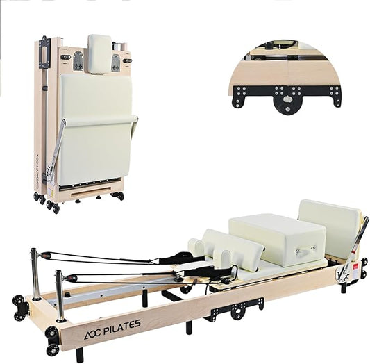 Pilates Reformer, Maple Wooden Foldable Pilates Reformer Machine with 6 Springs,Sitting Box, Padded Jump Board, 660lbs Capacity for Home Workouts Studio Yoga