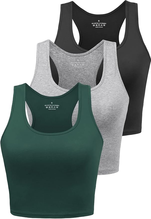 Porvike Sports Crop Tank Tops for Women Cropped Workout Tops Racerback Running Yoga Tanks Cotton Sleeveless Gym Shirts 3 Pack