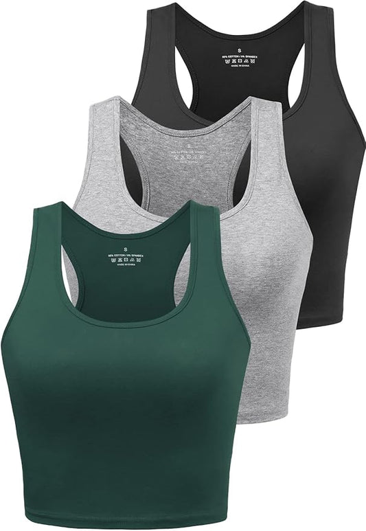 Porvike Sports Crop Tank Tops for Women Cropped Workout Tops Racerback Running Yoga Tanks Cotton Sleeveless Gym Shirts 3 Pack