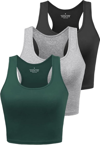 Porvike Sports Crop Tank Tops for Women Cropped Workout Tops Racerback Running Yoga Tanks Cotton Sleeveless Gym Shirts 3 Pack