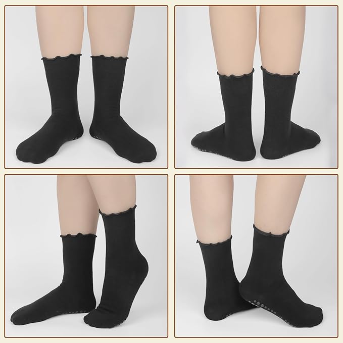 4 Pairs Pilates Socks with Grips for Women Yoga Ruffle Cute Grip Socks Pilates Non Slip Crew Ballet Hospital Workout