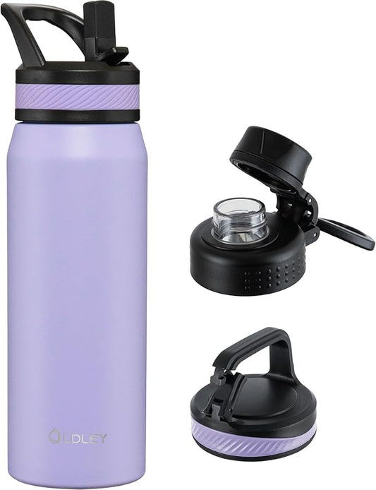 OLDLEY 24 oz Insulated Water Bottle With Straw, Stainless Steel Sports Water Cup Flask with 3 Lids(Straw, Spout and Handle Lid) Double Walled Travel Thermal Canteen Mug,Classic Lavender
