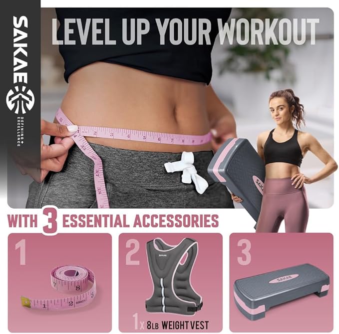 Adjustable Height Aerobic Stepper Set, Multiple Bundle Options with Dumbbells, Kettlebell, Waist Trimmer, Ankle Weights or Weighted Vest, Workout Exercise Step Platform w/Level Risers, 4 Colors