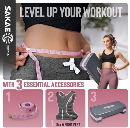 Adjustable Height Aerobic Stepper Set, Multiple Bundle Options with Dumbbells, Kettlebell, Waist Trimmer, Ankle Weights or Weighted Vest, Workout Exercise Step Platform w/Level Risers, 4 Colors