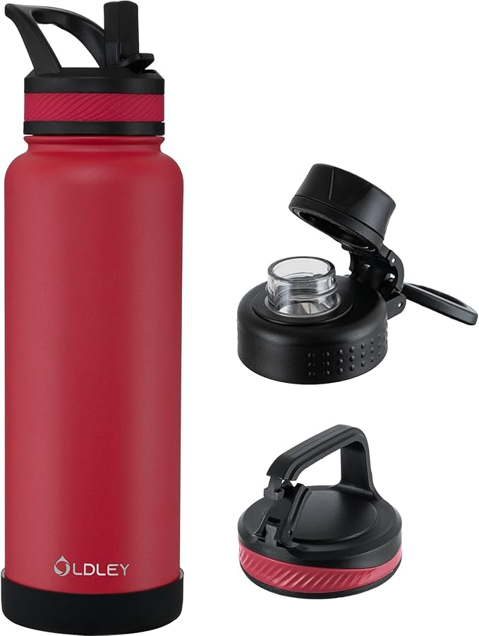 OLDLEY 40 oz Insulated Water Bottle With Straw, Stainless Steel Sports Water Cup Flask with 3 Lids(Straw, Spout and Handle Lid) Double Walled Travel Thermal Canteen Mug,Fire Red