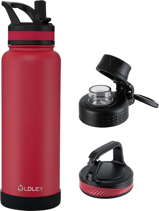 OLDLEY 40 oz Insulated Water Bottle With Straw, Stainless Steel Sports Water Cup Flask with 3 Lids(Straw, Spout and Handle Lid) Double Walled Travel Thermal Canteen Mug,Fire Red