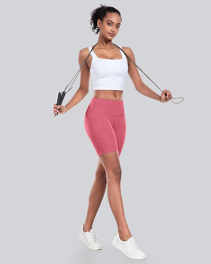 CHRLEISURE Womens Biker Yoga Shorts with Pockets: High Waisted Tummy Control Spandex Workout Athletic Gym Shorts 4 Packs