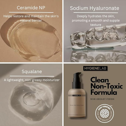 HygieneLab Face Moisturizer - EWG Verified, Unscented, Non-Greasy Hydration with Squalane, Aloe Vera, Ceramides & Hyaluronic Acid - 1.7 fl oz