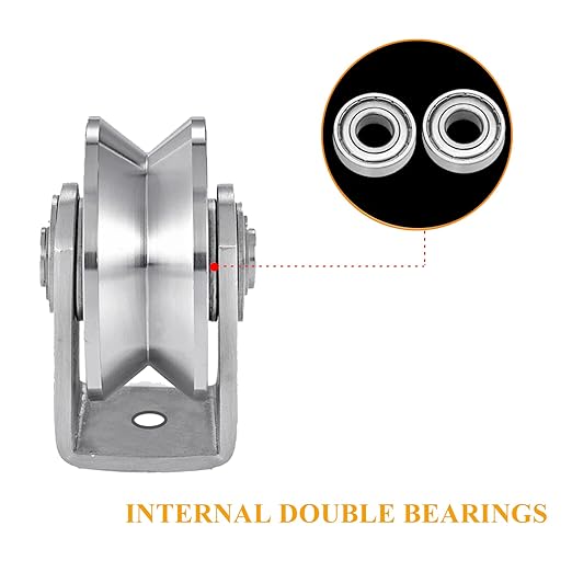 2pcs V Groove Wheel Stainless Steel Heavy Duty Wire Rope Pulley Block Sliding Gate Rollers Double Bearing Plate Caster Solid Track Rollers Wheels Fence Gate Wheel