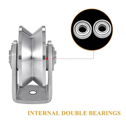 2pcs V Groove Wheel Stainless Steel Heavy Duty Wire Rope Pulley Block Sliding Gate Rollers Double Bearing Plate Caster Solid Track Rollers Wheels Fence Gate Wheel