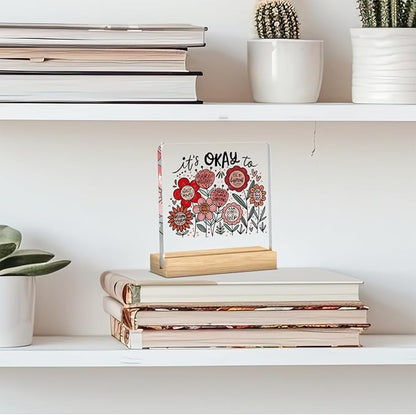 Mental Health Decor, Motivational Gifts for Women Men, Boho Floral Inspirational Kindness Acrylic sign with Wooden office Accessories Bedroom Dorm Apartment Decor-It's okay to