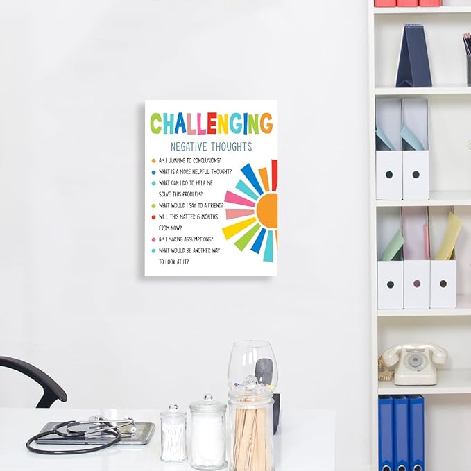 YEOION Challenging Negative Thoughts Wall Decor,Growth Mindset Wall Art Canvas Frame Print for Mental Health Therapy Office School Counselor Wall Decor