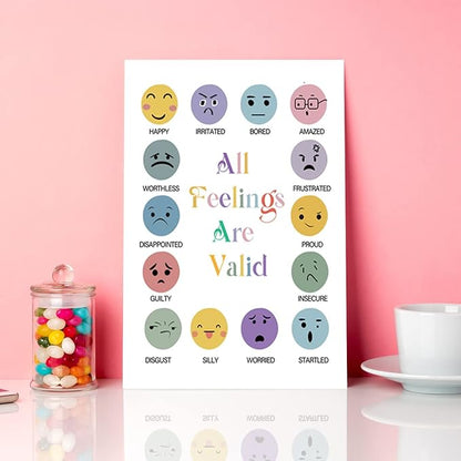 All Feelings Are Valid Canvas Wall Art,Feelings Chart Canvas Framed Wall Art Painting Ready to Hang for Nursery/Kids Playroom/Classroom Decor,Motivational Quotes Gifts for Teens Kids (12 x 15 Inch)