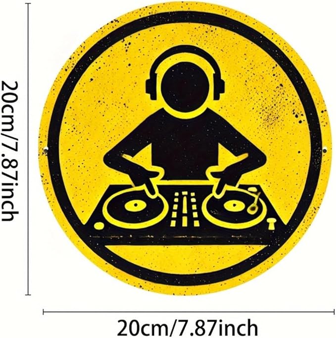 1pc Vintage DJ Themed Iron Sign, 8x8 inches, Circular Wall Art, Multipurpose Home/Room/Restaurant/Bar/Café/Garage Decor, Wall Hanging, No Electricity Needed