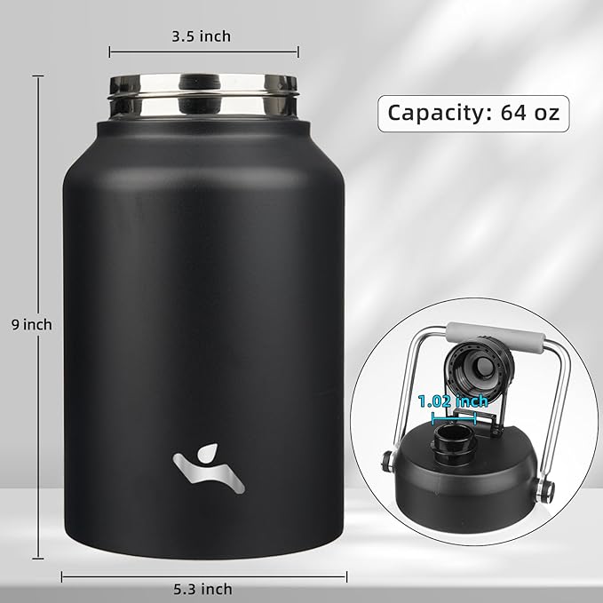 Half Gallon Jug with Handle,64 oz Insulated Water Bottle with Carrying Pouch,Double Wall Vacuum Stainless Steel Metal Bottle,Black