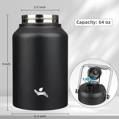 Half Gallon Jug with Handle,64 oz Insulated Water Bottle with Carrying Pouch,Double Wall Vacuum Stainless Steel Metal Bottle,Black