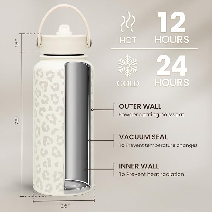 Leopard Water Bottle 32oz Stainless Steel Vacuum Insulated with Lid, Leopard Print Water Bottles for Gym Sports Travel Outdoor, Gifts for Women Girls Ladies Birthday Christmas