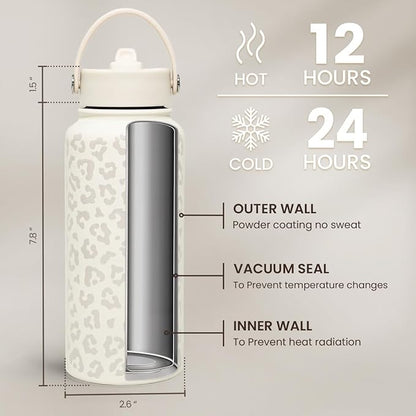 Leopard Water Bottle 32oz Stainless Steel Vacuum Insulated with Lid, Leopard Print Water Bottles for Gym Sports Travel Outdoor, Gifts for Women Girls Ladies Birthday Christmas