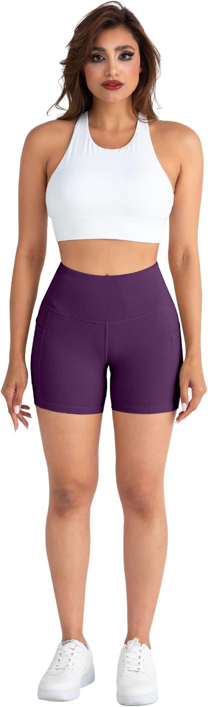 CHRLEISURE Womens Biker Yoga Shorts with Pockets: High Waisted Tummy Control Spandex Workout Athletic Gym Shorts 4 Packs
