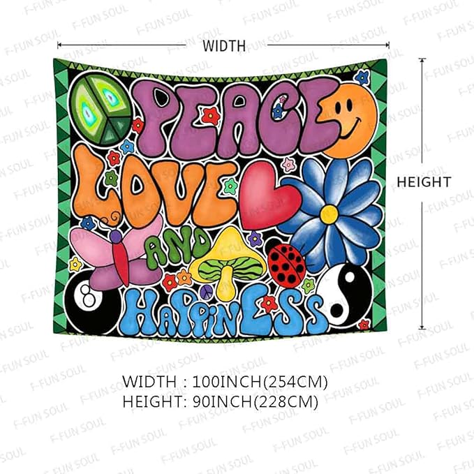 F-FUN SOUL Peace Love and Happiness Tapestry, 100x90inches Soft Flannel, Mushroom Psychedelic Tapestries 70s Theme Tapestry Wall Hanging for Bedroom Living Room Decor GTZYFS1339