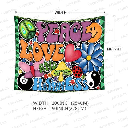 F-FUN SOUL Peace Love and Happiness Tapestry, 100x90inches Soft Flannel, Mushroom Psychedelic Tapestries 70s Theme Tapestry Wall Hanging for Bedroom Living Room Decor GTZYFS1339