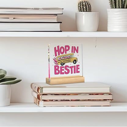 Mental Health Decor, Motivational Gifts for Women Men, Funny Anxiety Inspirational Acrylic sign with Wooden office Accessories Bedroom Dorm Apartment Decoration-Struggle Bus Hop In Bestie