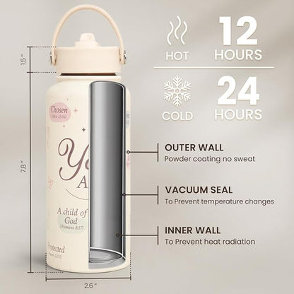 Christian Water Bottle 32oz Stainless Steel Insulated with Lid, Inspiration Gifts for Women, Religious Gifts for Mom Friends Ladies Sisters on Birthday Mother's Day Christmas