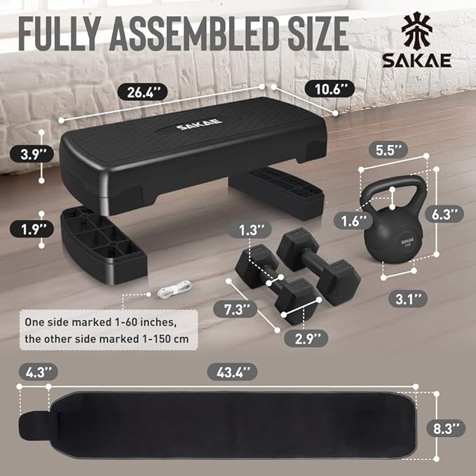 Adjustable Height Aerobic Stepper Set, Multiple Bundle Options with Dumbbells, Kettlebell, Waist Trimmer, Ankle Weights or Weighted Vest, Workout Exercise Step Platform w/Level Risers, 4 Colors