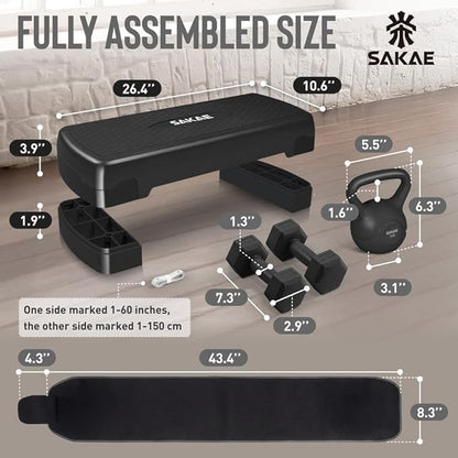 Adjustable Height Aerobic Stepper Set, Multiple Bundle Options with Dumbbells, Kettlebell, Waist Trimmer, Ankle Weights or Weighted Vest, Workout Exercise Step Platform w/Level Risers, 4 Colors