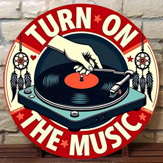 1pc Vintage Turn On The Music Vinyl Record Tin Sign, Retro Style Aluminum Wall Art, Rustic Metal Decor Plaque, 8x8", with No Electricity Needed, Cafe - Multipurpose Wall Hanging