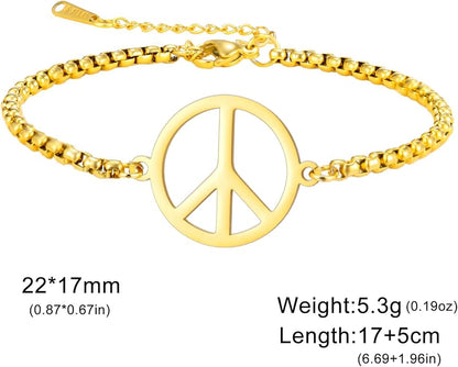 LIKGREAT Adjustable World Peace Symbol Bracelet for Women Stainless Steel Pendant Box Chain 1970s Jewelry