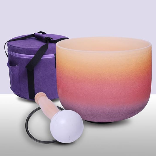 432Hz Perfect Pitch E Note Solar Plexus Chakra Rainbow Colored Frosted Quartz Crystal Singing Bowl 8 inch WIth Heavy Duty Case Bag