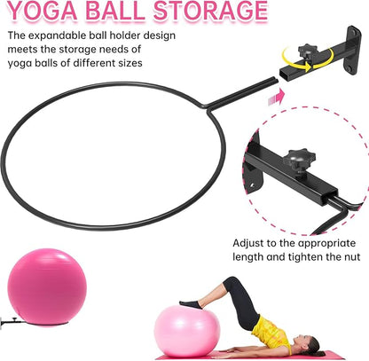 Universal Wall-Mounted Exercise Ball Holder - Adjustable Yoga Ball Storage Rack for 14 to 30 Inch Stability Balls, Heavy-Duty Metal Wall Mount with 12-Inch Diameter Ring, Space-Saving Design