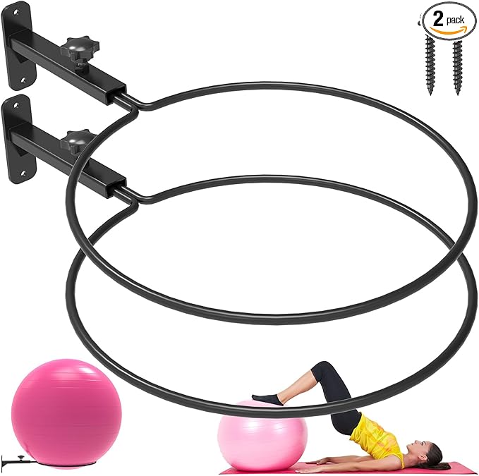 Universal Wall Mounted Yoga Ball Holder 12 Inch, Adjustable Metal Exercise Ball Storage Rack for 14-30 Inch Stability Balls, Stability Ball Holder for Home Gym/Garage (2pack)