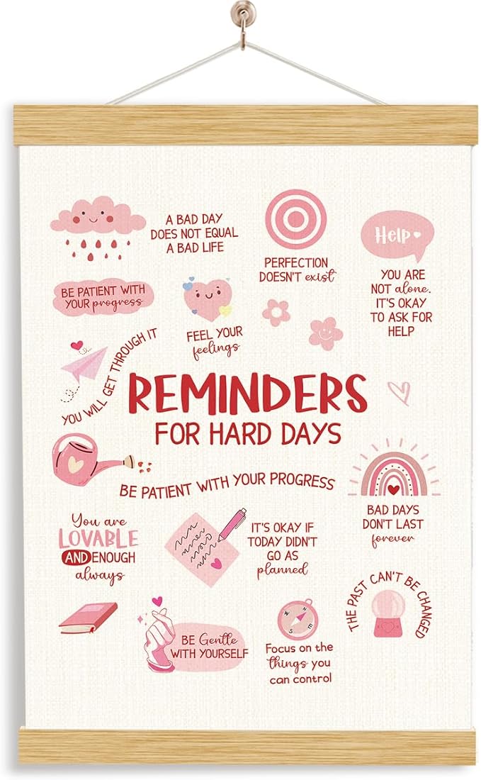YGSDZY Reminders For Hard Days, Pink Mental Health Office Decor, Wood Poster Hanger, Pink Therapy Poster, Girls Room Decor, Playroom Decoration, Boho Sun Decoration, School Psychology