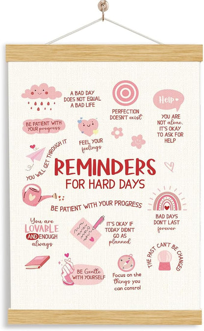 YGSDZY Reminders For Hard Days, Pink Mental Health Office Decor, Wood Poster Hanger, Pink Therapy Poster, Girls Room Decor, Playroom Decoration, Boho Sun Decoration, School Psychology