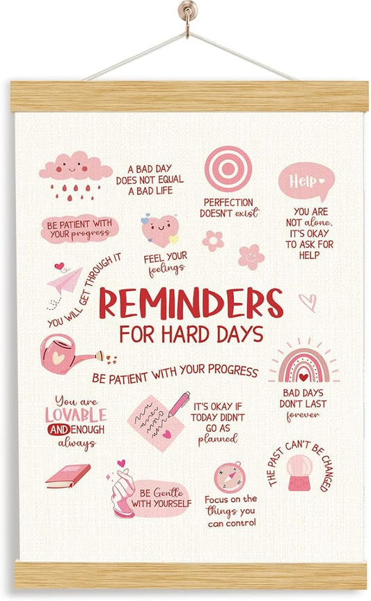 YGSDZY Reminders For Hard Days, Pink Mental Health Office Decor, Wood Poster Hanger, Pink Therapy Poster, Girls Room Decor, Playroom Decoration, Boho Sun Decoration, School Psychology