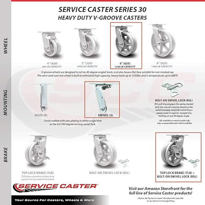 V Groove Semi Steel Cast Iron Swivel Top Plate Heavy Duty Caster with 6 Inch Wheel and Top Lock Brake and Bolt on Swivel Lock – 1,200 lbs. Capacity/Caster - Service Caster Brand