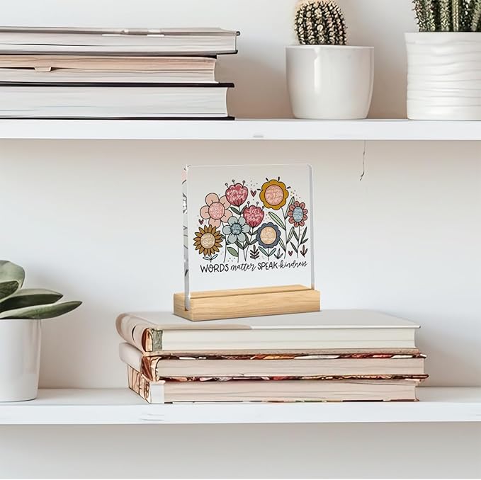 Mental Health Decor, Motivational Gifts for Women Men, Boho Floral Inspirational Acrylic sign with Wooden office Accessories Bedroom Dorm Apartment Decoration-Words Matter Speak Kindness