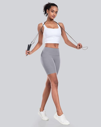 CHRLEISURE Womens Biker Yoga Shorts with Pockets: High Waisted Tummy Control Spandex Workout Athletic Gym Shorts 4 Packs